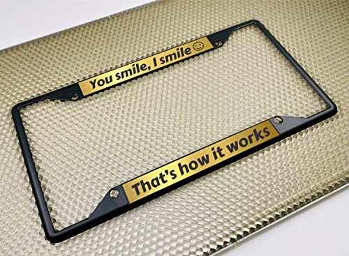 Image of Personalized with Custom Text Design - 4 Hole Black Metal Laser Engraved US Standard Size - Car License Plate Frame with Free caps - Gold /Black Text (Qty: 1 Frame)