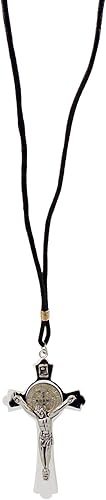 Miniatura 5 de Colgante de crucifijo de San Benito, metal plateado con cordón, 3 pulgadas, Esmalte Metal