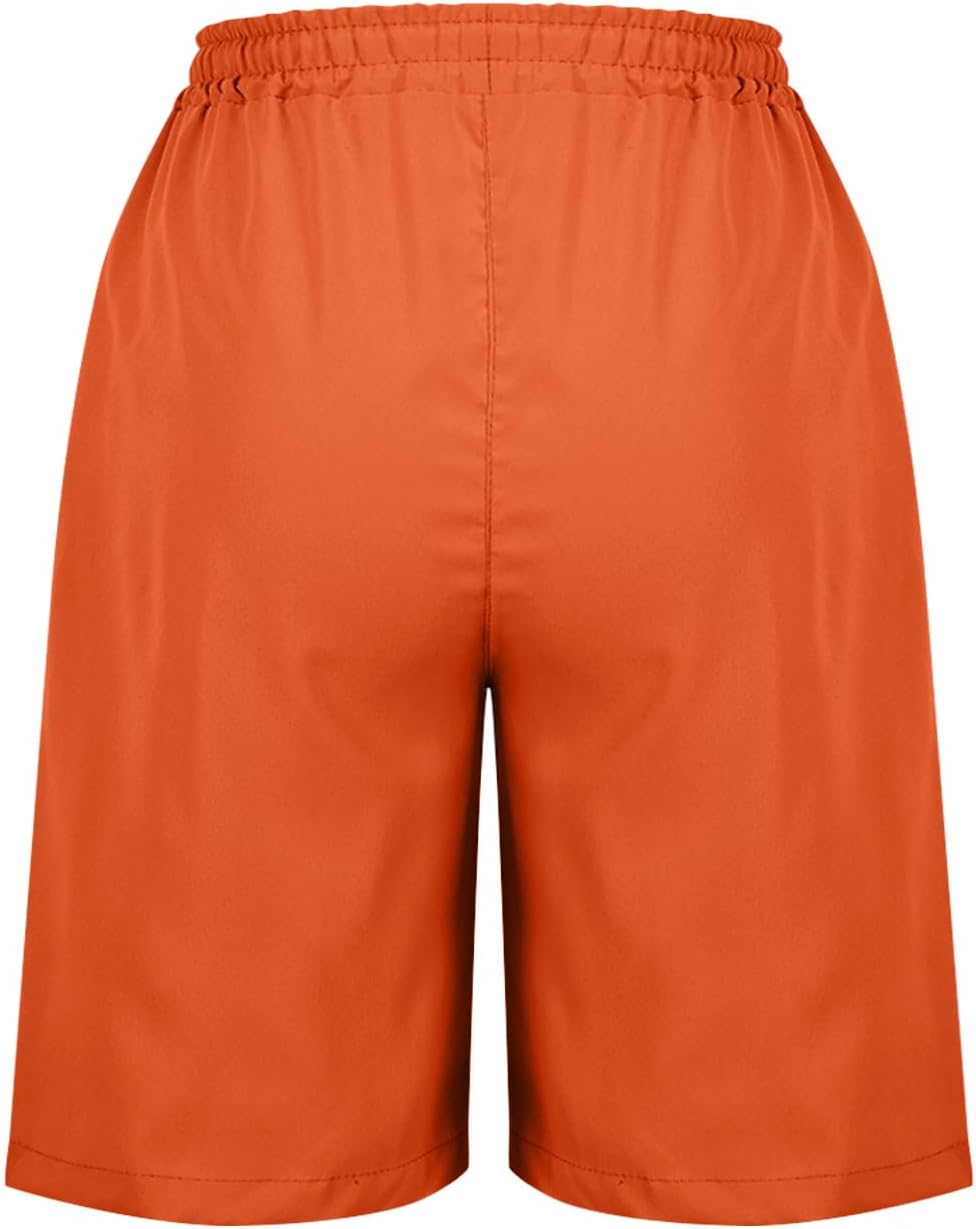 Bermuda Shorts for Women Knee Length Plus Size Summer Elastic Waist Drawstring Workout Beach Long Shorts with Pocket
