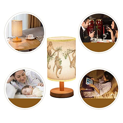 Lopyeijfg Minimalist Bedside Table Lamp Watercolor Cute Monkeys Floral Tropical Bouquets Exotic Tropical Wood Nightstand Lamp Bedside Desk Lamp Wood Base Flaxen Fabric Shade For Bedroom Living Room #TOP4