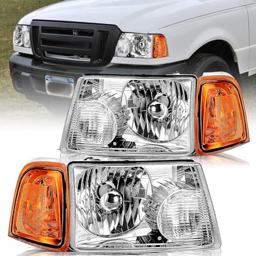 Aosky Headlights Assembly Set for 2001-2011 Ford Ranger with Corner Light 4pcs Clear Lens Headlamp Replacement Chrome Housing Left Right Pair