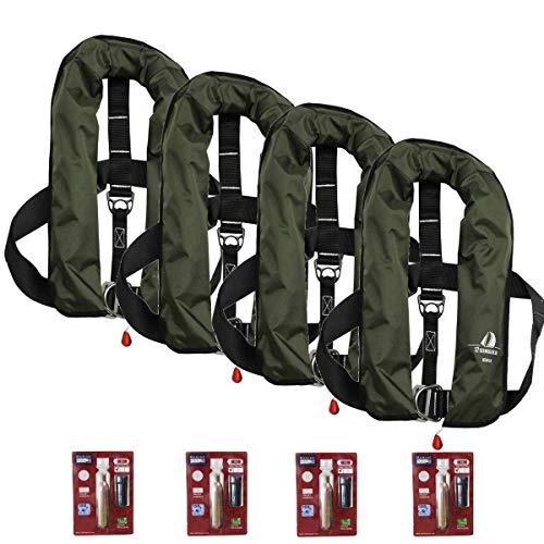 12skipper Lot de 4 Gilets de Sauvetage Automatiques ISO 165N avec Harnais, 4 Kits d'entretien Inclus, Vert Olive Cover