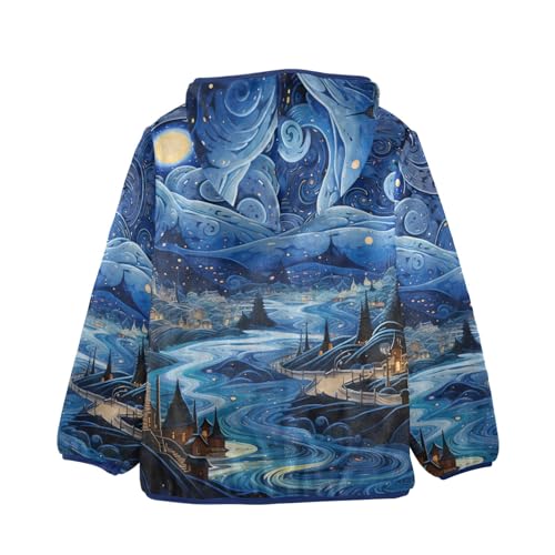 Boys Girls Fleece Jacket Village Moonlight Night Kids Warm Hooded Outwear Coat2