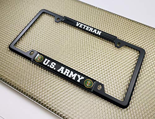 [Officially Licensed Product] - U.s. Army Veteran - Domed Custom-Made Personalized Narrow (Thin) Top 4 Hole Metal Car License Plate Frame With Free Caps - Black (Quantity: 1 Frame) #TOP4