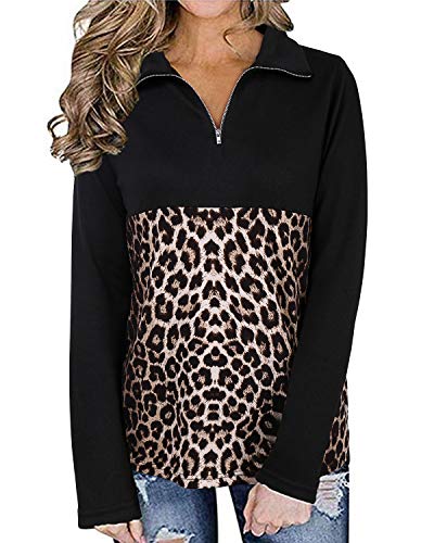 Women Sweatshirt and Hoodies Leopard Print Long Sleeve Pullover Tops Fall Zip Color Block Hoodies Casual Loose Sweatshirt Tunic Tops Black-Leopard S