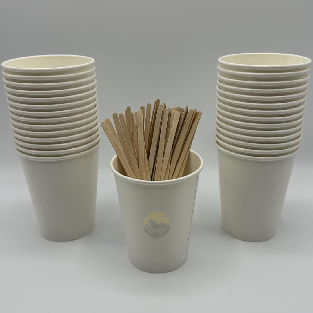 KURTT - Kaffeetassen to go - 800 Stück + 800 Rührstäbe - Kaffeebecher Pappe, Weiß - 8oz/200ml - 140mm Rührstäbe - Trinkbecher - Kaffeebecher - Pappbecher - Einwegbecher - Pappbecher - Pappbecher -