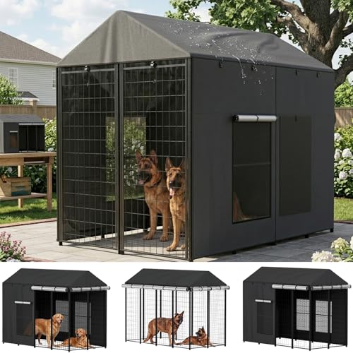 LitaiL Outdoor Dog Kennel Cover 8'Dx4'Wx6'H Full Coverage Kennel Cover Large Windproof, Waterproof with Transparent Windows and Elastic Ropes, Black (Cover Only)