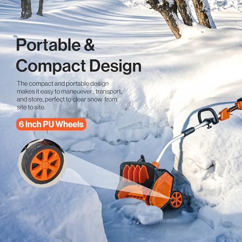 SuperHandy Electric Snow Thrower Adjustable Angle 17" Clearing Width 5.7" Intake Height 23' ft Throw Curved Serrated Blade 48V-2Ah Battery Portable Wheels Easy Maneuver Safety Switches Comfort Handle