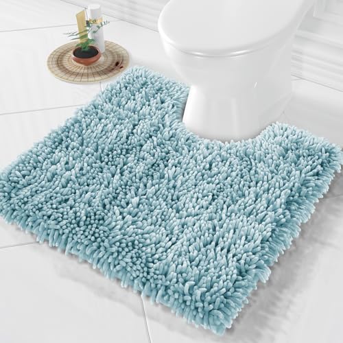 Image of Yimobra Toilet Rugs U Shaped Washable, Extra Thick Soft Absorbent Chenille Contour Bathroom Rugs for Toilet 24x24 Inch, Quick Dry Non Slip Toilet Mat for Bath Floor, Greyish Blue