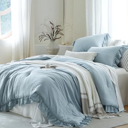 Image of Blue Ruffle Comforter Set Queen, Pre-Washed Shabby Chic Bedding Set, Lightweight Cottagecore Soft Romantic Cozy 1 Comforter & 2 Shams, All-Season