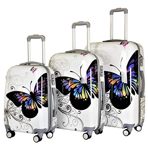 Preisvergleich Produktbild QTC Hartschalen Reisekoffer TSA Sicherheits Zahlenschloss mit 4 Doppelrollen Bilder (Butterfly, 3er Set)