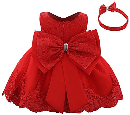 WOCINL Baby Girls Lace Bowknot Flower Dresses Princess Wedding Birthday Pageant Baptism Christening Tutu Gown w/Headwear Red 0-3M