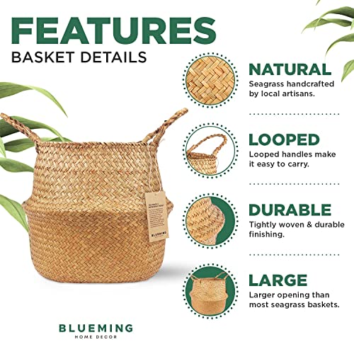 Blueming Home Decor Plant Basket – Large Seagrass Belly Basket Planter, Woven Rattan Straw Pots For Tall Indoor Plants With Handles, Round Decorative Wicker Boho Plant Pot (Large, 10-11 Inch) #TOP1