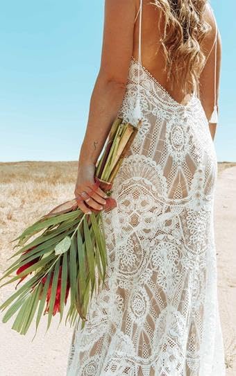 Boho Vintage Lace Wedding Dresses for Bride Mermaid Beach V Neck Bridal Dress Bohemian Wedding Gown with Slit