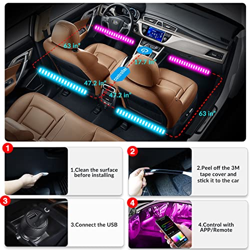 Interior Car Lights, 2-In-1 Design 5V 2.1A 4Pcs 68 Leds Lights App Control With Remote, Music Sync Color Change, Diy, Usb Powered Under Dash Trim Lights For Car #TOP3