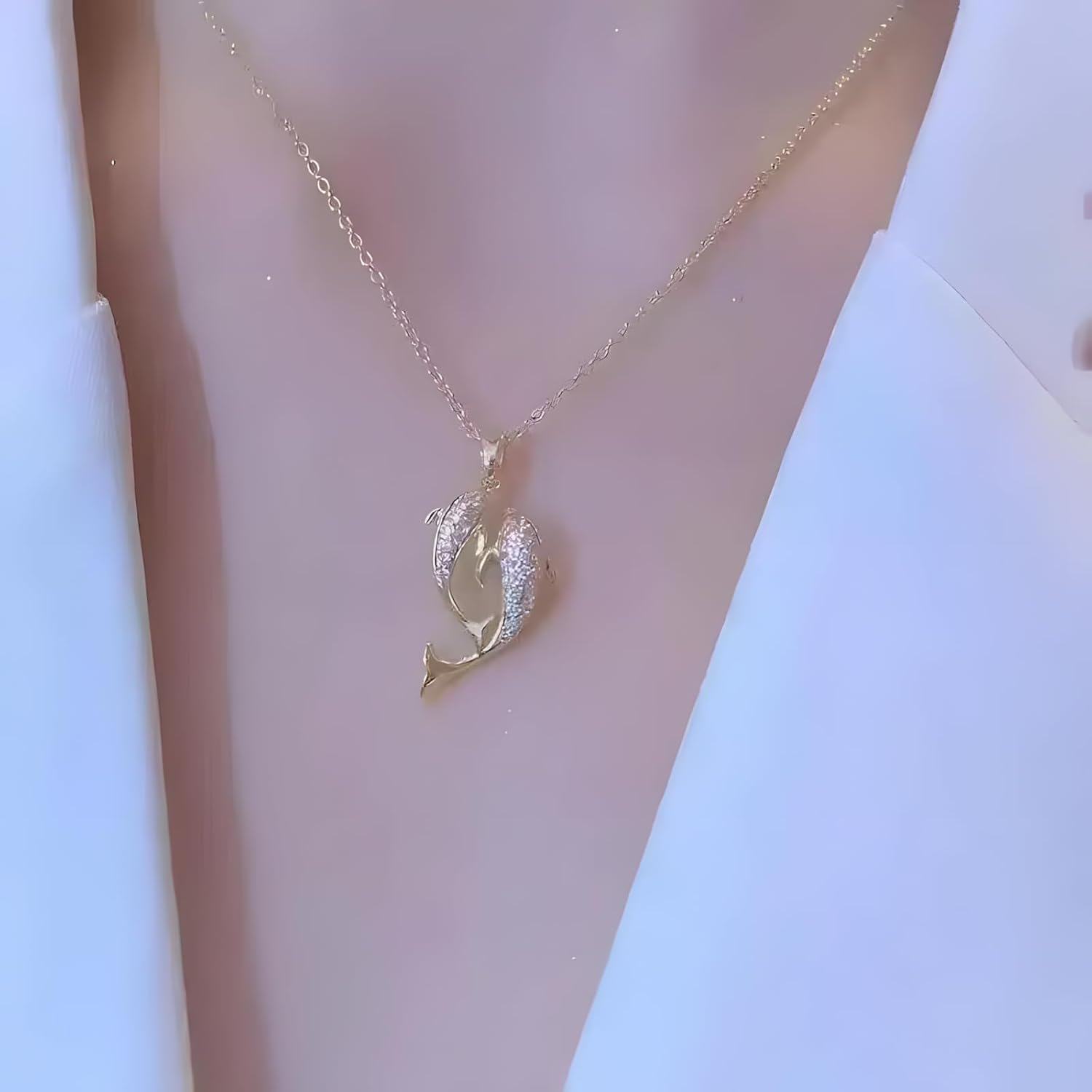 Cubic Zircon Dolphin Pendant Necklace for Women 14K Gold Plated Fish Necklace Cute Double Dolphin Necklaces - Image 3