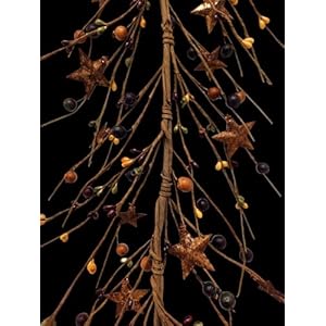 N107mustardburgundyandgreenprimitiveberrieswithrustystarsseasonaldecor455length Urban Country Home Decor N107 mustard burgundy and green primitive berries with rusty stars seasonal decor 45 5 length urban country home decor