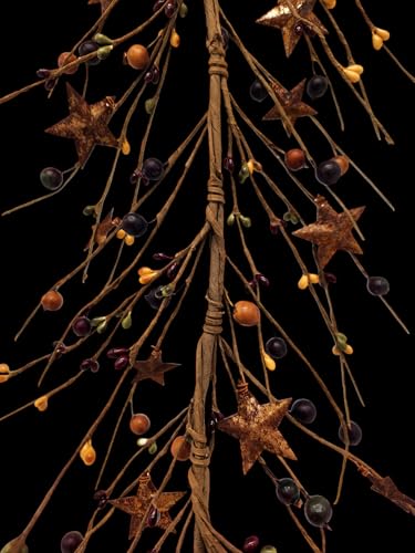 N107mustardburgundyandgreenprimitiveberrieswithrustystarsseasonaldecor455length Urban Country Home Decor N107 mustard burgundy and green primitive berries with rusty stars seasonal decor 45 5 length urban country home decor