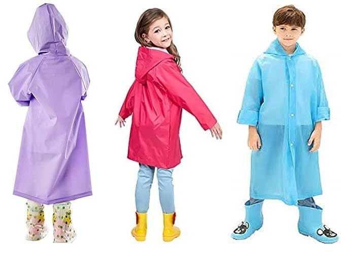 W+ Kid's Girl's Outdoor Traveling Plain Raincoat/Rain wear/Rain Suit(Purple, Red & Blue)-(Pack of 03) (4-5Years)
