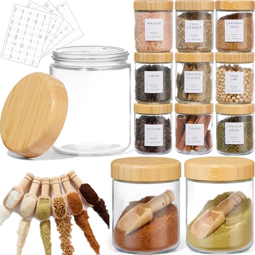 Yangbaga 12 tarros de especias de vidrio con 12 cucharas de madera, tarros de almacenamiento de vidrio de 250 ml con etiquetas, tarros herméticos para condimentos con tapas, recipientes de vidrio para