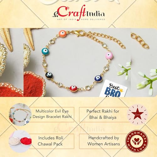 Image of eCraftIndia Evil Eye Bracelet Rakhi with Best Bro Ever Fridge Magnet | Rakhi for Brother Bhaiya Bhai | Roli Chawal Pack