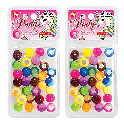 60 Pcs Beads Jewelry Making Kit DIY Hair Braiding Bracelet Ornaments Crafts Extra Large Round Two Tone Pony +2 Beaders Included (Assorted)