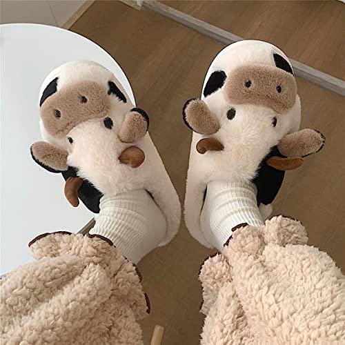 Snugeasy Cow Slippers for Women Men Cute Cozy Fuzzy Slippers Cartoon Animal Slippers Winter House Slippers Plush Preppy slippers, Cow, 6.5-7 Women/5.5-6 Men2
