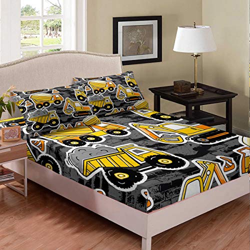 Erosebridal Boys Excavator Bedding Set Twin Size, Tractor Truck Fitted Sheet for Kids Child Girls Teens Bedroom, Construction Vehicle Crane Bed Set Blender Gray Wall Cartoon Bed Cover, Grey