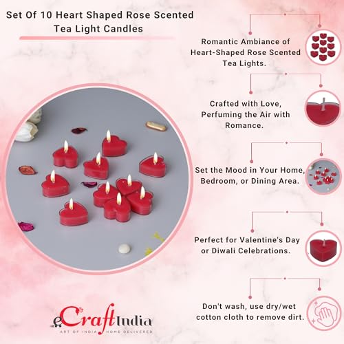 Image of eCraftIndia Set of 10 Romantic Heart Shaped Rose Scented Tea Light Candles for Diwali Anniversary Birthday Valentine Day Decoration Items TLight Candles Valentine Gift for Girlfriend Boyfriend Her Him
