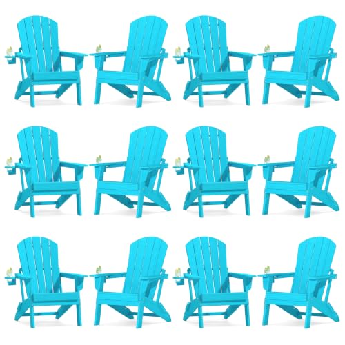 Image of Plawdlik Folding Adirondack Chair 12-piece Set, Cup Holder, Light Blue | pin-free folding, 38-in tall back, Wood-grain All-weather HDPE; for fire pit, poolside, deck, backyard, patio