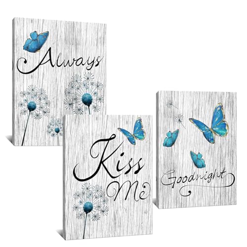 Kalormore Slaapkamer Foto Decoratie Turquoise Blauw Vlinder en Paardebloem met Elegante Altijd Kus Me Goodnight Schilderij Rustiek Grijs Houten Getextureerd Giclee Canvas Muur Art Decor Klaar om op te hangen