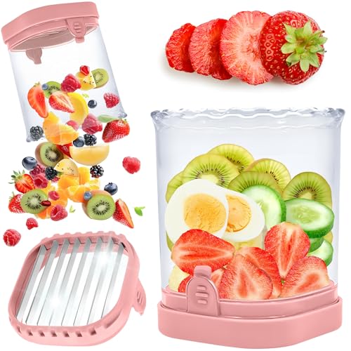 Strawberry Slicer Cup with Push Plate, Fruit Cutter Kitchen Gadget for Egg, Kiwi, Banana, Cucumber, Easy Fruit & Vegetable Slicer, Strawberry Cutter Tool for Quick Safe Cutting (Pink)