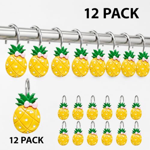 Image of Pineapple Shower Curtain Hooks Set of 12, Cute Tropical Resin Decorative Hooks for Bathroom Curtain Rings, Fruit Theme Home Bathroom Decor Accessories