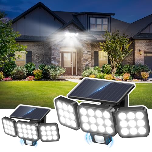 LETMY Solar Lights Outdoor, 3500LM Brighter Lens Motion Sensor Outdoor Lights, 3 Heads Solar Flood Light Outdoors Waterproof, Upgrade Glass Panel, 3 Modes Security Light Motion for Outside Yard 2 Pack