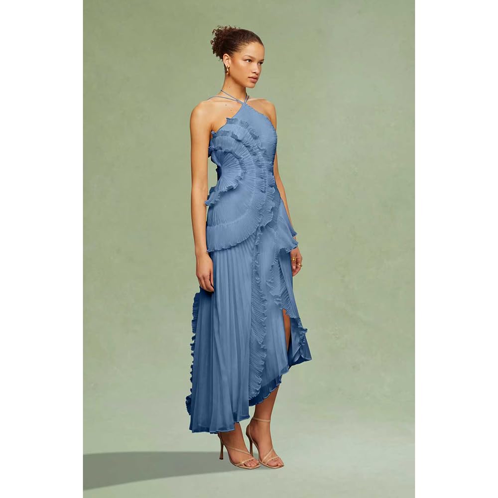 Vestido Largo De Verano Mujer Volantes Elegante Vestido Casual Plisado, Vestidos Maxi Sin Mangas Cuello Halter Playa Capas Irregulares Vestidos Cóctel Bohemio Plisado Corte A Fluido