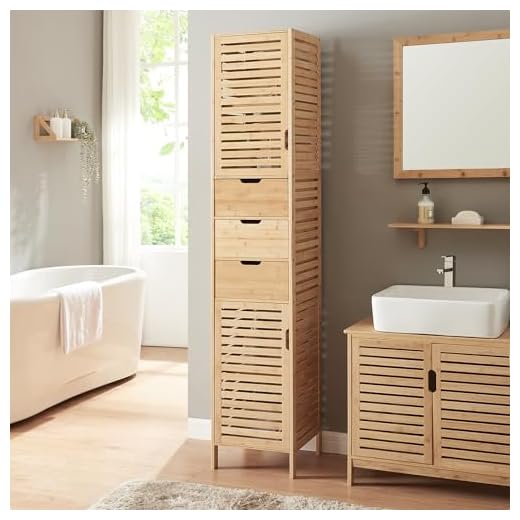 [en.casa] Badezimmer Hochschrank schmal Boksereys Badezimmerschrank mit 2 Türen Badschrank mit 3 Schubladen 180 x 35 x 35 cm Bambus