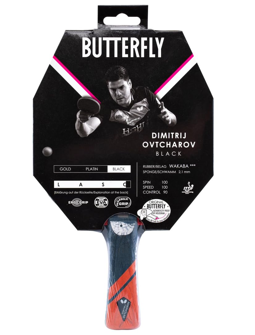 Butterfly® Dimitrij Ovtcharov Black - Racchetta da ping pong | Tecnologia Eva, rivestimento Wakaba certificato ITTF, spugna da 2,1 mm | Racket Bat TT professionale per giocatori avanzati