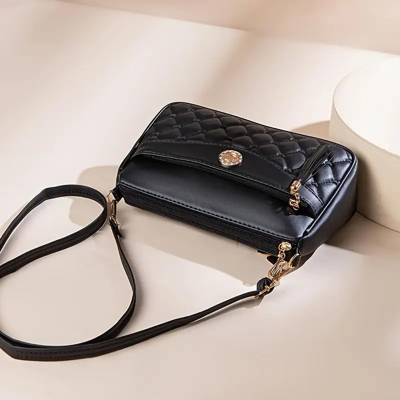 Image of SHAMRIZ Korean Style Quilted Sling Bag for Girls | Cute Heart Pattern Crossbody Purse with 3 Zipper Compartments | Fancy Tassel Side Bag for Party, Wedding & Gifts | Mini Slingbag /One Side Bag