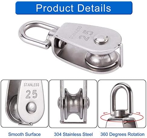 Pulley Block 304 Stainless Steel Single Wheel Swivel Hook Pulley Roller Suitable for Indoor & Outdoor Pulley System Activities Safe Loading 150kg/331lbs (M25) Silver 2Pcs