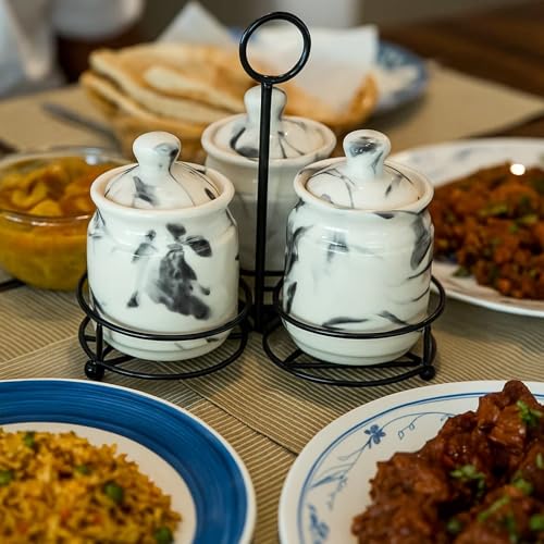 Image of Niyara Handcrafted Ceramic Pickle Jar Set, Premium Metal Tray, Spoons & Lids - Multipurpose Storage for Pickles, Chutneys, Spices & Condiments (Set of 3, 300ML /Each) (Marble design)
