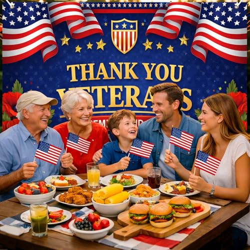 Image of BlissYard Thank You Veterans Backdrop Veterans Day Military Appreciation Banner Patriotic Tribute Decorations 8x6ft Remember and Honor Decor 4th of July Independence Day Patriotic Celebration