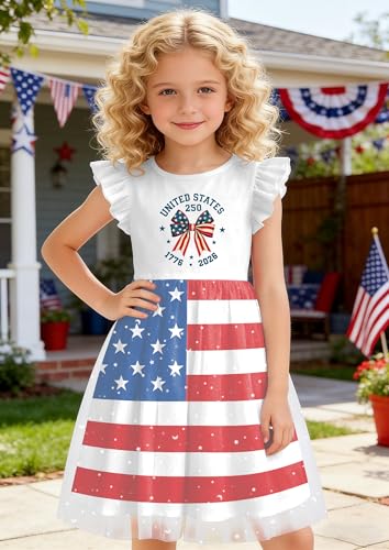Image of Girls 4th of July Dress American Patriotic Outfit USA Independence Day Clothes Flutter Sleeve Tulle Tutu Dress 5-14y