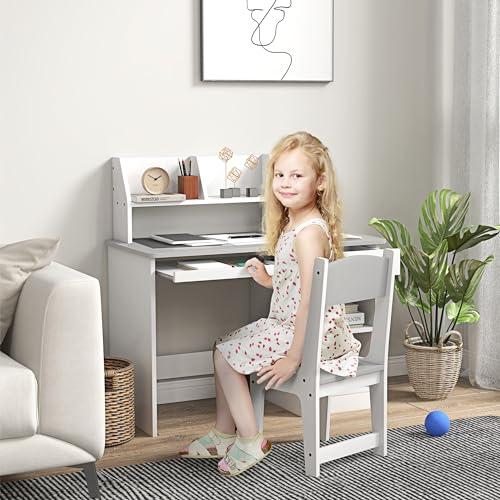 Qaba-Kids-Desk-and-Chair-Set-with-Storage-Study-Desk-with-Chair-for-Children-5-8-Years-Old-Gray Qaba Kids Desk and Chair Set with Storage Study Desk with Chair for Children 5 8 Years Old Gray