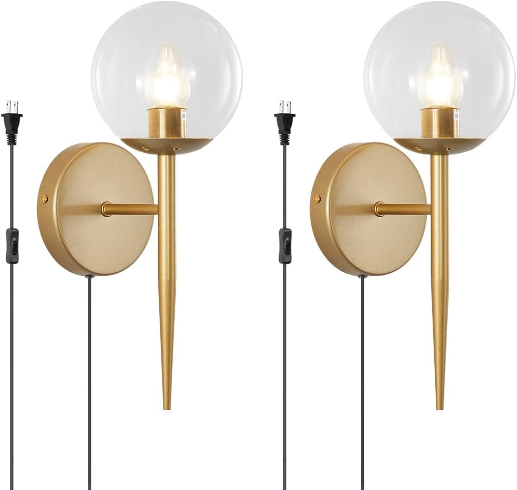 BOKT Mid Century Modern Globe Wall Sconce Set of Two Brushed Brass Bathroom Wall Sconce Light Set of 2 Frosted White Glass Gold Wall Lamp 2-Pack Bedroom Wall Lights (White)