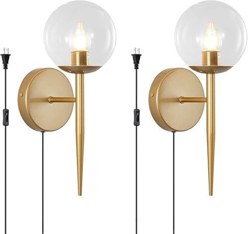 BOKT Juego de 2 apliques de pared dorados cepillados, con cable enchufable, moderno de mediados de siglo, apliques de pared con forma de globo,
