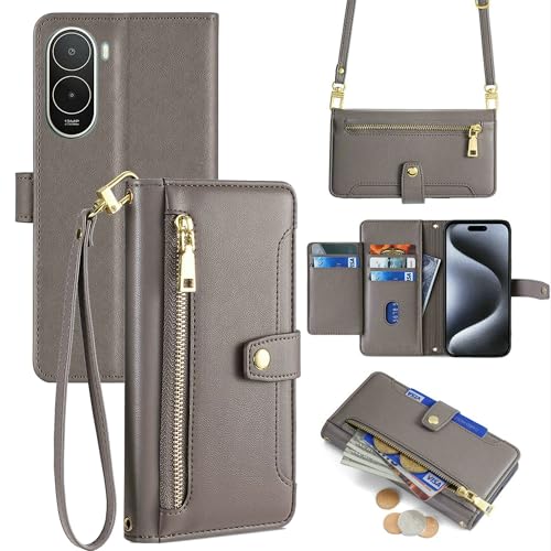 Housse Xiaomi Poco C81 Pro portefeuille grise idéale pour voyager léger avec sangle