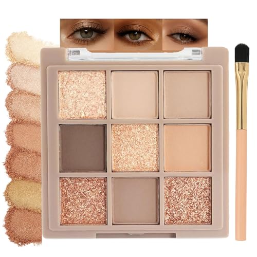 9-Color Eyeshadow Palette with Matte and Shimmer Shades – Long-Lasting Waterproof Formula, Highly Pigmented and Smooth Blendable Texture, Includes Brush, Ideal for Smokey, Natural, or Everyday Looks
