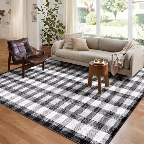 Image of Checkered Area Rug, 5x7, Black and White | Washable, Non Slip, Modern Neutral, For Living Room Bedroom Office Patio Dining Room