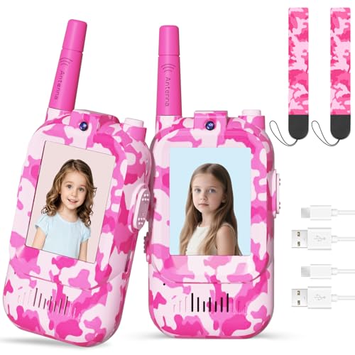 Video Walkie Talkies for Kids with Camera, 2 Pack Rechargeable Kids Walkie Talkies, Real-Time Video Intercom, LCD Screen, Voice Changer, Long Range Outdoor Toys for Boys Girls Ages 3-12 (Desert Pink)