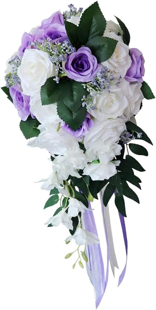 Wedding Bride Bouquet Artificial Rose Bouquet for Wedding Home Holiday Party Supplies - White + Purple